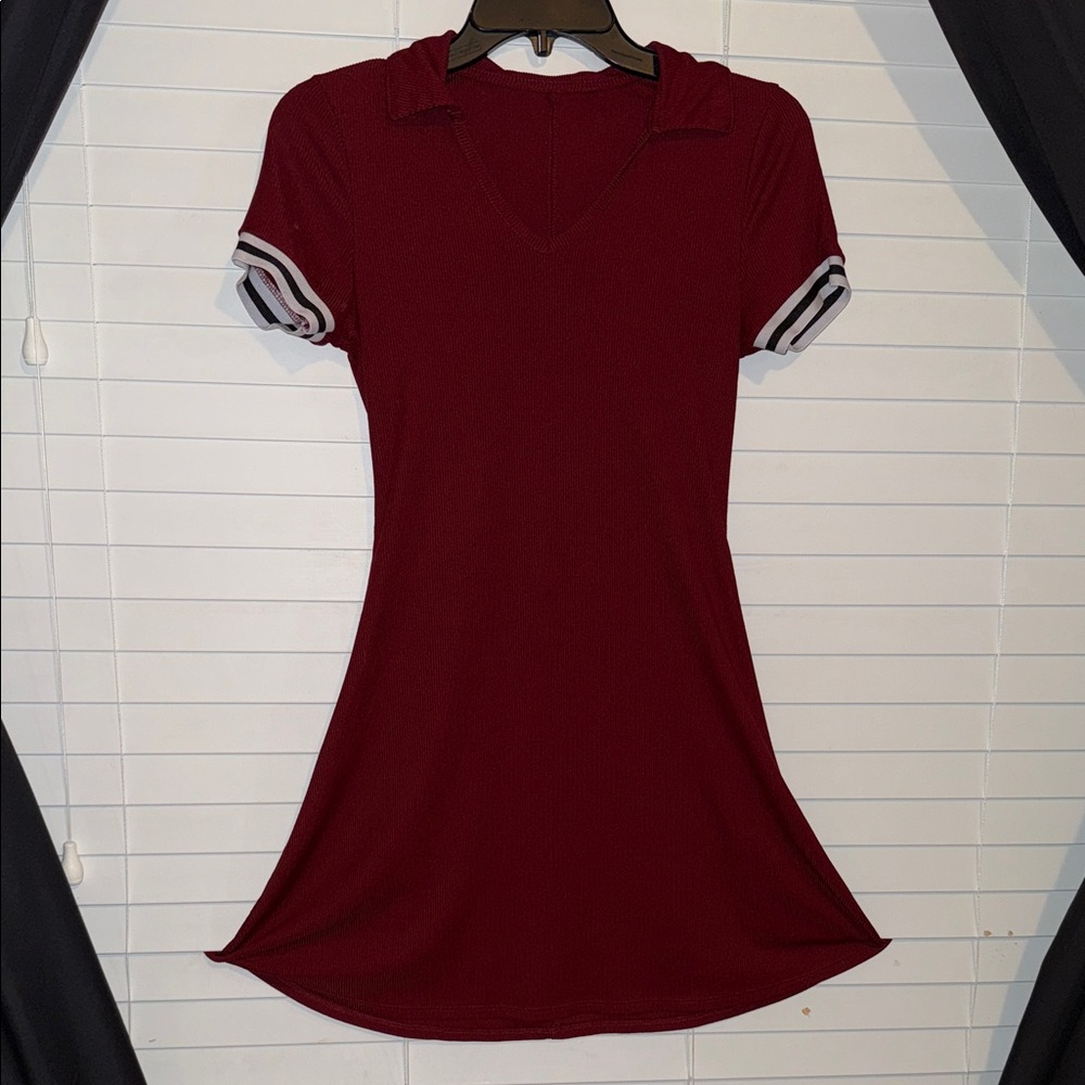 Ribbed V-Neck Dress with Striped Sleeves
